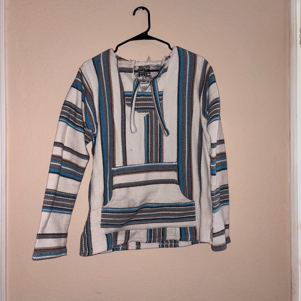 white hoodless graphic poncho Mexican long sleeve hipster sweatshirt pullover
